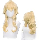 Amback Blonde Cosplay Wig for Women, Golden Wavy Wigs with Clip-On Ponytail Hair Halloween Costume Wigs + Wig Cap