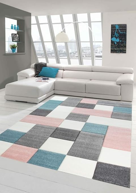 Merinos Wohnzimmer Teppich Design Mit Karo Muster In Rosa Grau Turkis Grosse 160x230 Cm Amazon De Kuche Haushalt