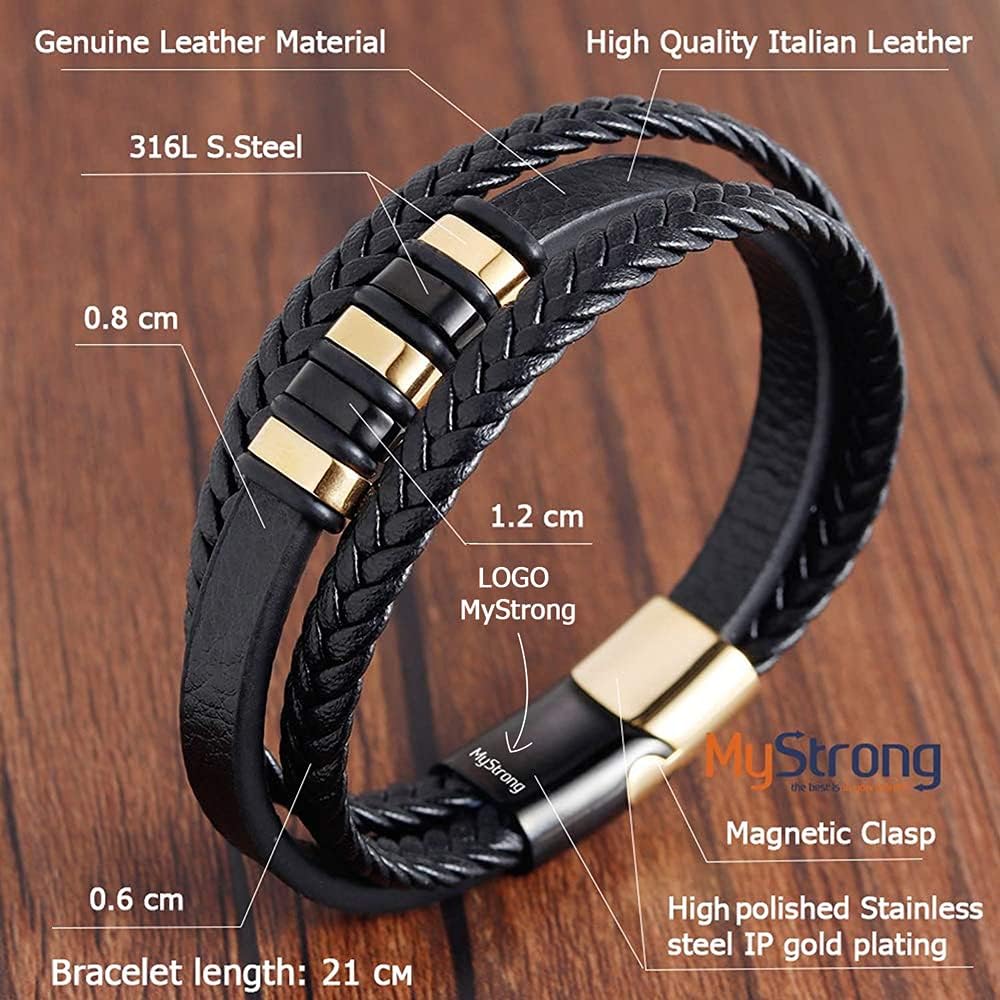 MyStrong Men's Leather Bracelet Stainless Steel Magnetic Clasp - Stylish Braided Mens Bracelets Wrist - Multilayer Leather Cuff Bracelet Magnet Closure - Charm Leather Bracelet for Men Women, Black: Clothing