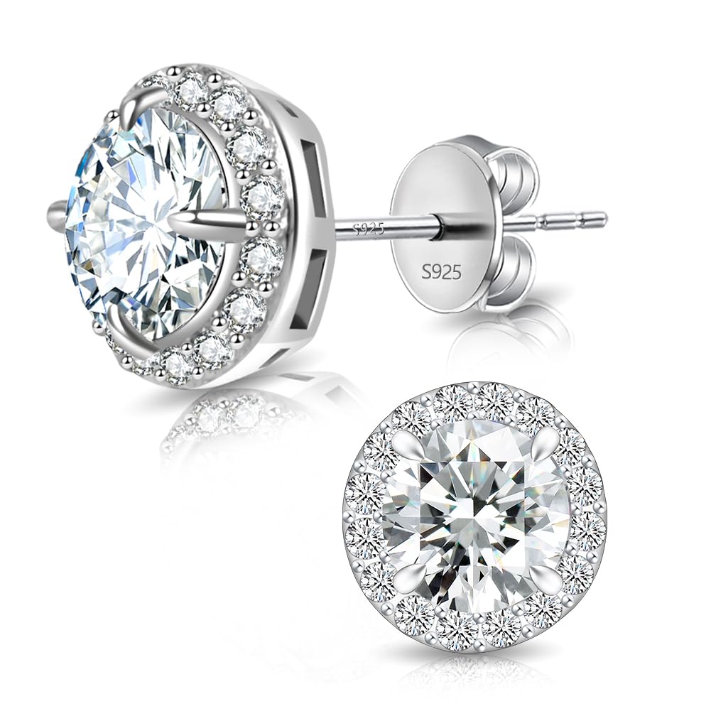 Moissanite Stud Earrings Lab Created 1ct-3ct 925 Sterling Silver 18K White Gold Plated, Round Cut, VVS1 Clarity Moissanite Halo Earrings for Women Men (White Gold Plated-4 Prong,-5mm)