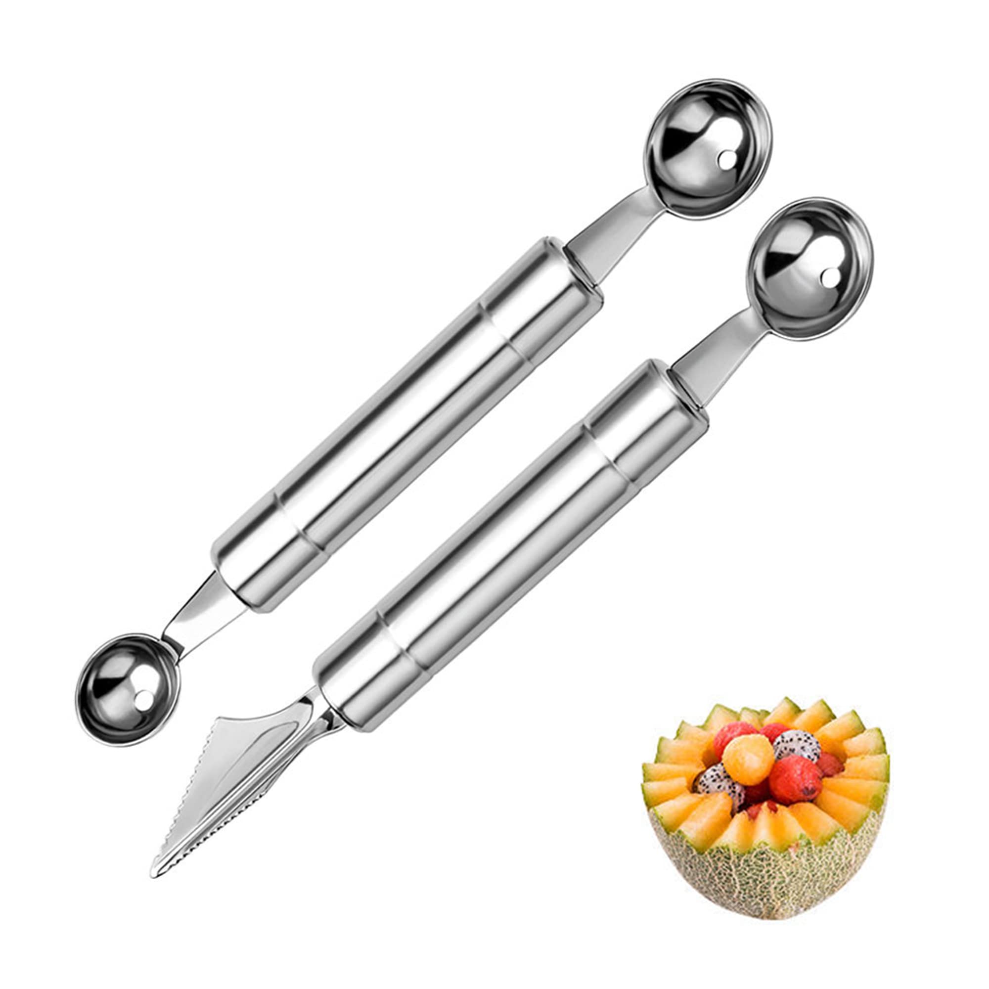 CINY 2 pcs Fruit Scooper Carving Knife, Stainless Steel Tools Cutter Slicer for DIY Fruit Salads, Fruit Carving Knife Ice Cream Scooper, Double-Sided Melon Baller Scoop for Watermelon
