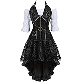 Grebrafan Steampunk Leather Corsets Bustiers Skirt Blouse Set 3 piece Boned Corset Outfits for Women