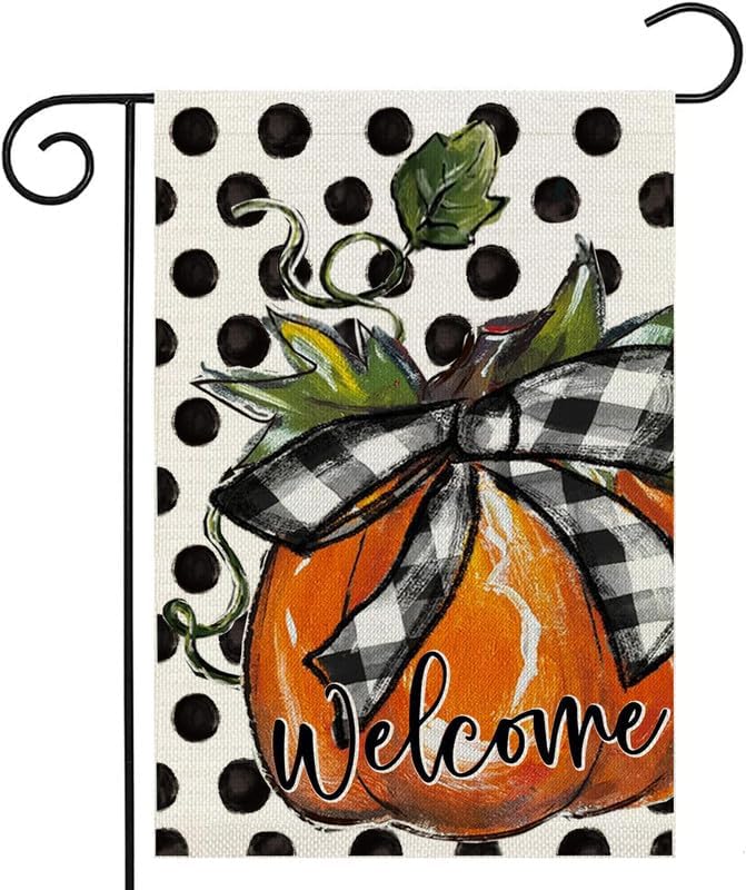 Flags - Welcome Fall Pumpkin Garden Flag 12x18 Vertical Double Sided UV Fade Resistant September Harvest Polka Dot Small Burlap Autumn Yard Flag for Farmhouse Front Porch Lawn Outdoor Decor