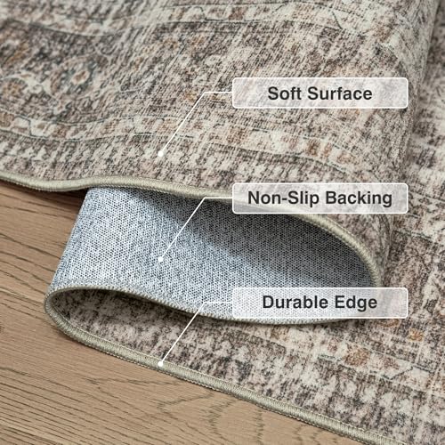 Fmfunctex 8x10 Washable Area Rug Taupe Vintage Neutral Distressed Large Non Slip Carpet for Living Room Bedroom Soft Low Pile Indoor Retro Tapis Salon Throw Rug for Dining Room Kitchen Office Nursery