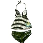 Summer 2 Piece Stripe Beach Bikini Set Y2k Sexy Floral Print Halter Neck Swimsuit Set 2000s Aesthetic Streetwear