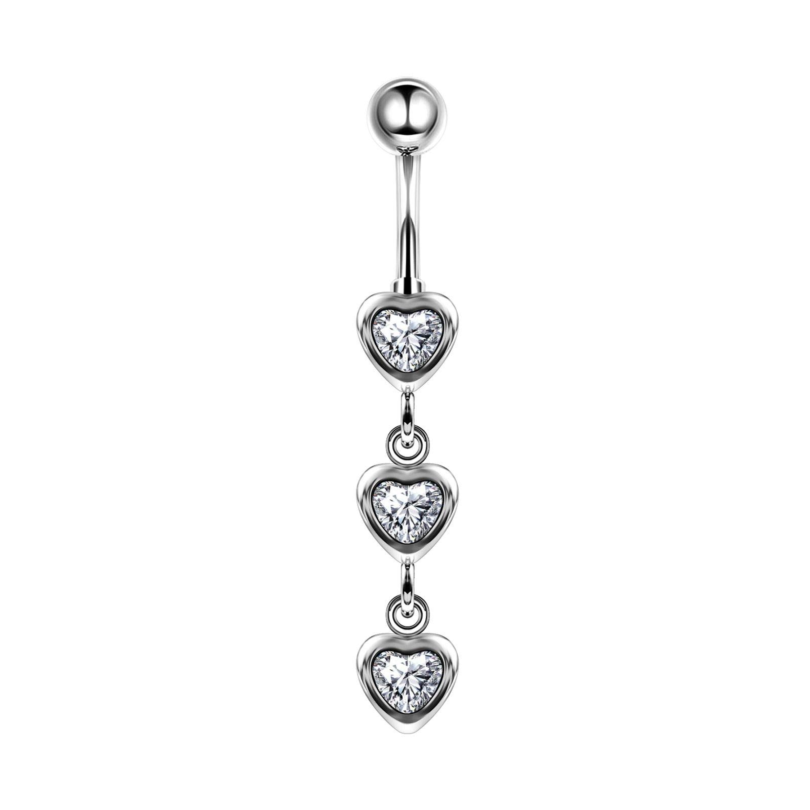BanaVega Stainless Steel Danging Belly Rings Studs Three Hearts 16g 3/8 10mm 8mm Clear Crystal Ball Earrings Piercing Jewellery 5197