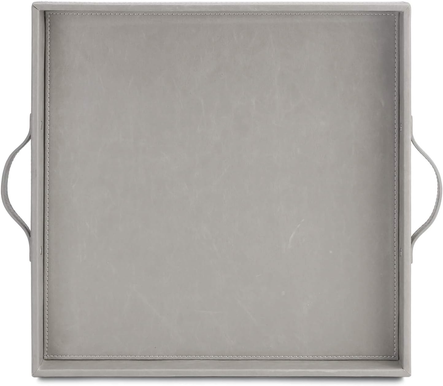 Ranslen Large Square Decorative Serving Tray with Handles PU Leather, Coffee Table Tray, Ottoman Tray for Home or Office, 15-inch Square, Gray