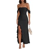 Caracilia Wedding Guest Dresses for Women Off Shoulder Bodycon Maxi Dress | Two Ways to Wear,Ruched Waist Ruffle Hem,Mesh Slit,Backless Sleeveless,Cocktail Prom Formal Bridesmaid Evening Party Outfits