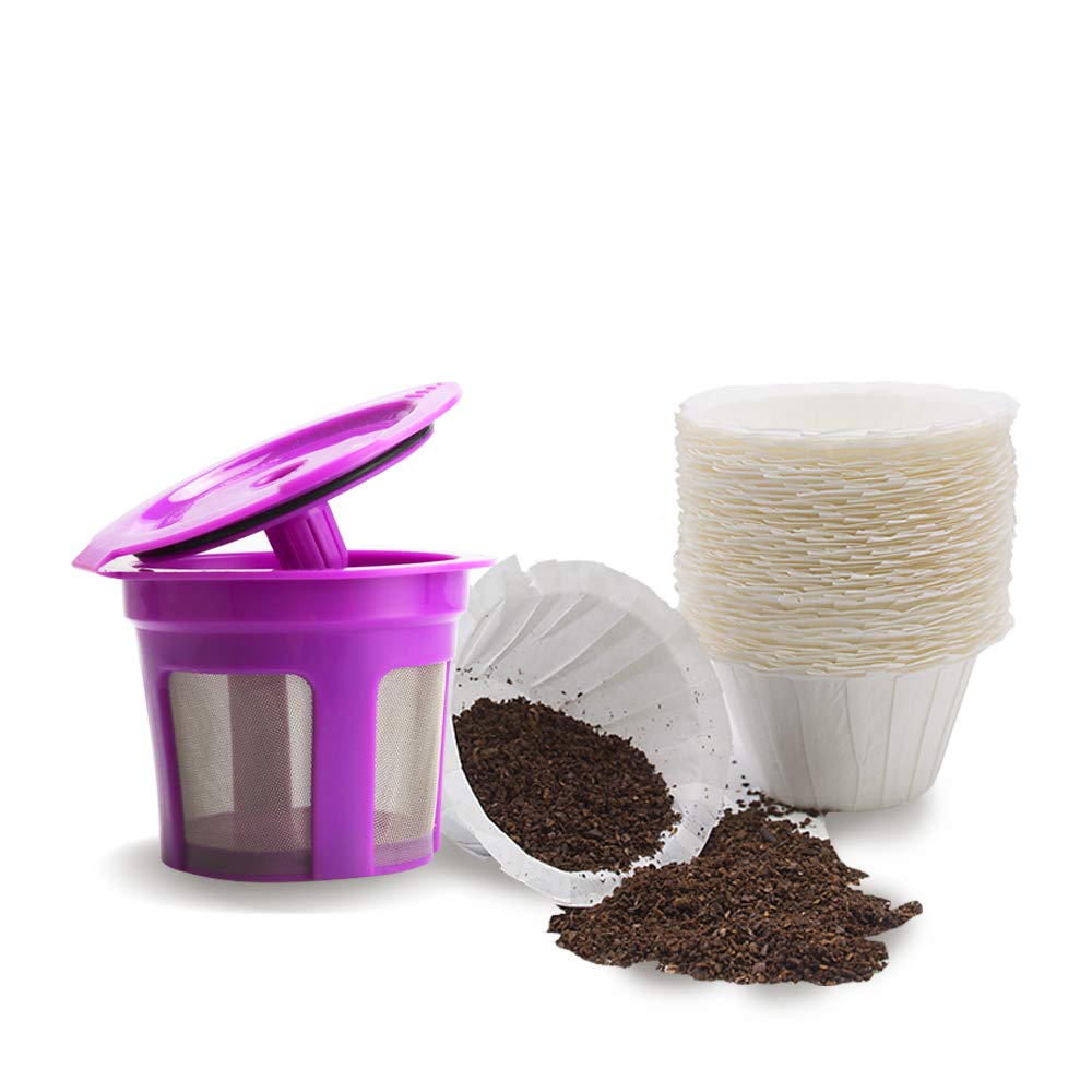 MG Coffee Stainless mesh Reusable K Cup and K Carafe Coffee Filter Pod with Disposable Paper Filters for Keurig 2.0 and Keurig 1.0 (110 Paper Filters + 1 Purple Reusable K Cup) …