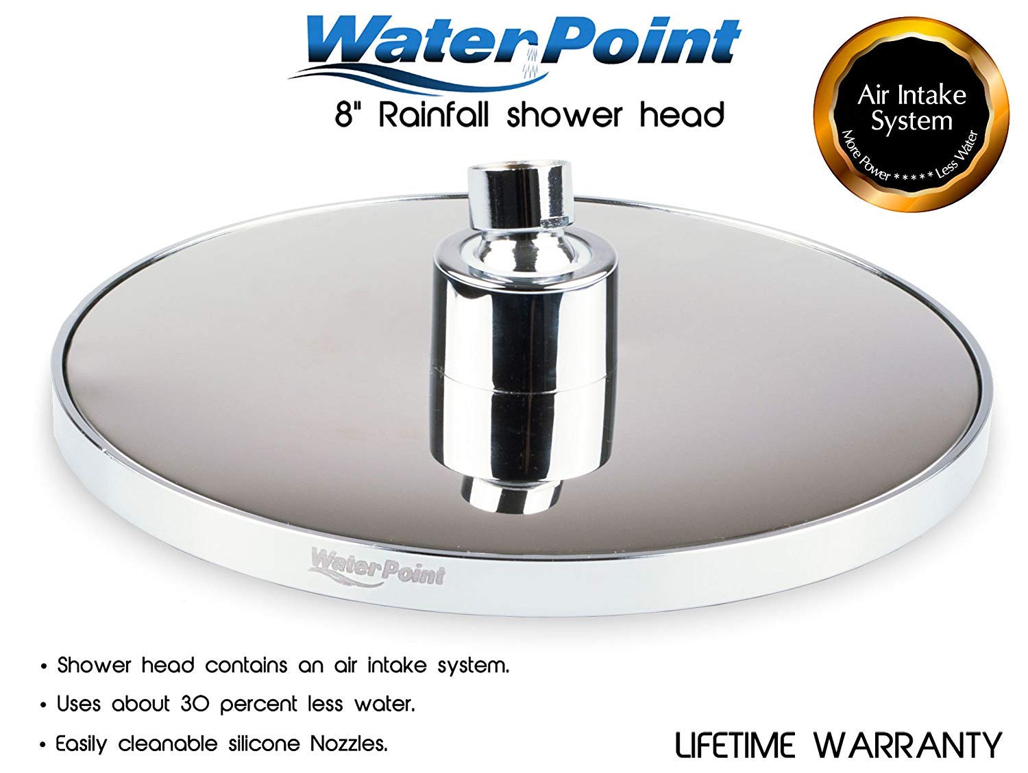 WaterPoint 8 Inch Rain Shower Head, Best High Pressure Rainfall Showerhead with Brass Swivel Ball, Polished Chrome, Uses 30% Less Water