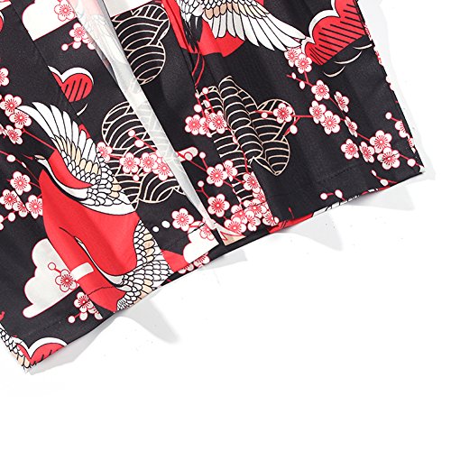 LifeHe Men's Japan Crane Kimono Cardigan Casual Open Front Coat Shirt (Red, L) - Thumbnail 2