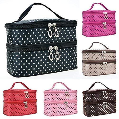 GuGio Travel Makeup Bag Cosmetic Organizer Case for Women, Double Layer Dot Toiletry Train Brush Bags for Girls Ladies