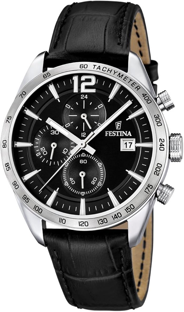 Festina Men's Quartz Watch with Black Dial Chronograph Display and Black Leather Strap F16760/4, Black/Black, Rozmiar uniwersalny