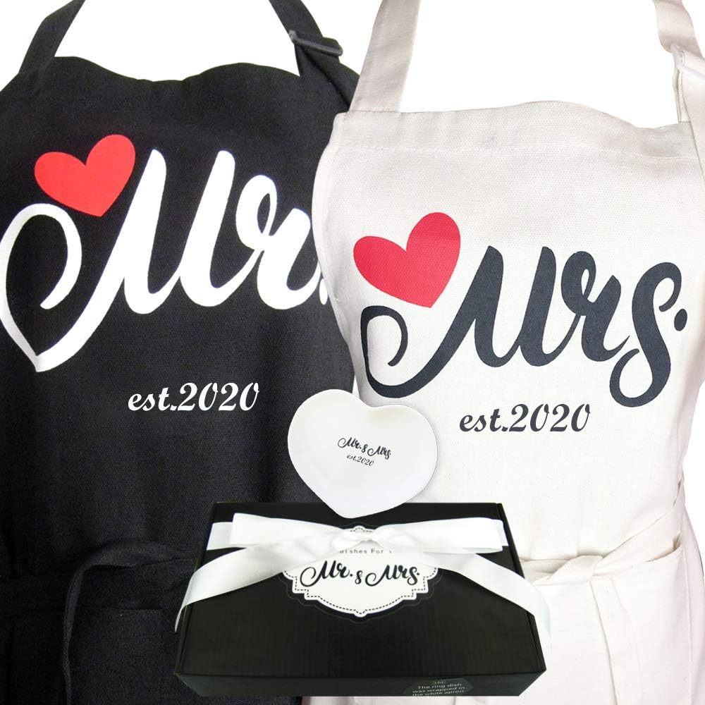 VMNlooking Mr and Mrs Est 2020 Kitchen Apron Set with Gift Box Heart Ring Dish(Heart2020)