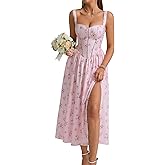 KUTUMAI Floral Corset Midi Dress Flowy Slit Summer Spring Wedding Guest Dresses for Women Sundress with Pockets