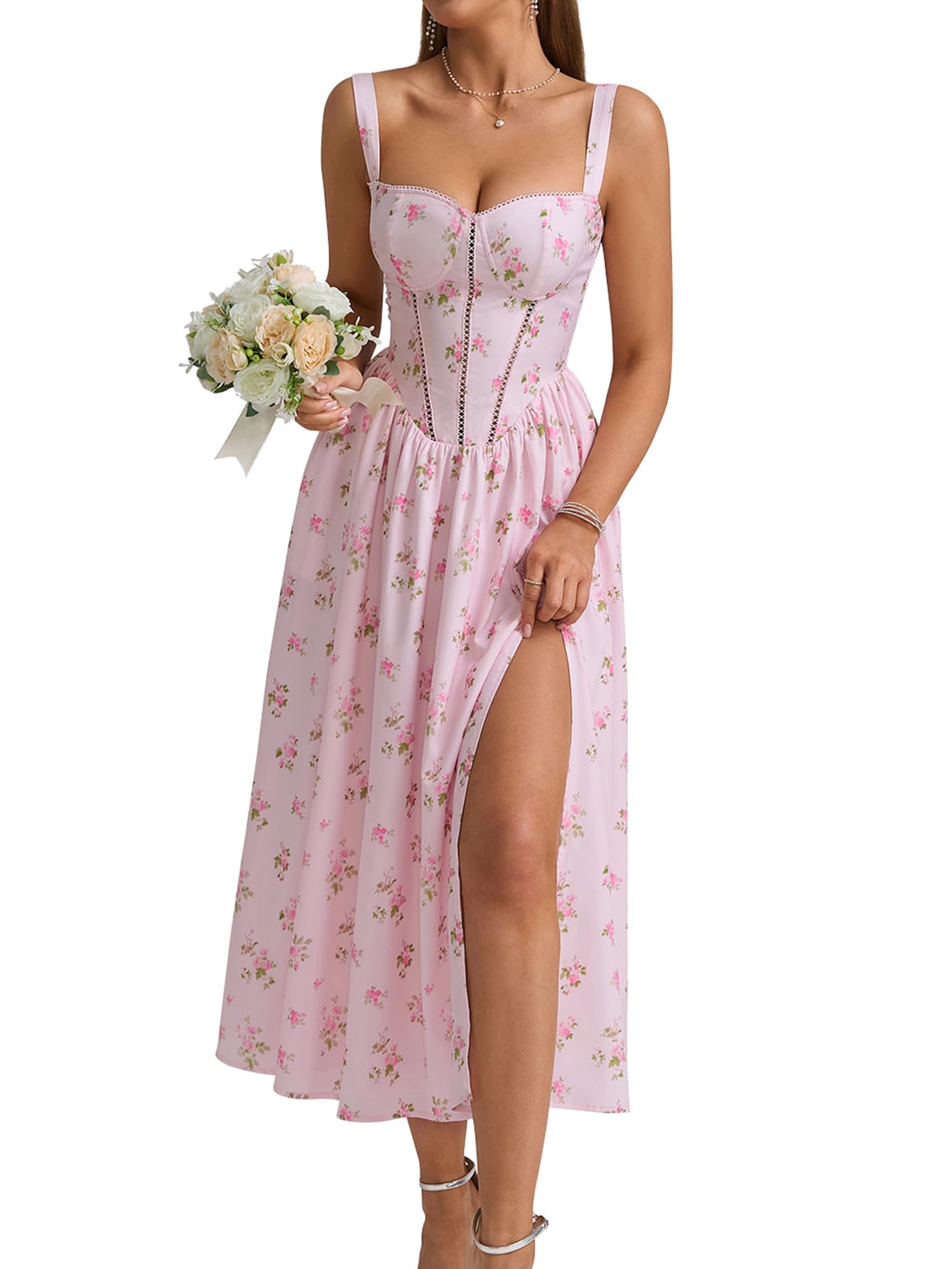 Photo 1 of KUTUMAI Floral Corset Midi Dress Flowy Slit Summer Spring Wedding Guest Dresses for Women Sundress with Pockets PF M