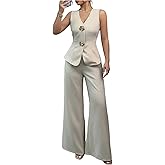 SOLY HUX Women's 2 Piece Work Office Outfits Elegant Button Up Blazer Vest and Wide Leg Pants Set