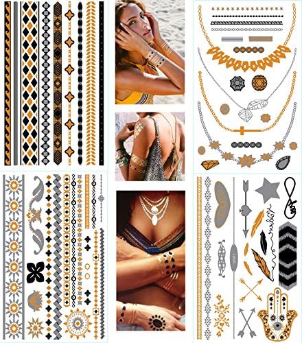 Premium Metallic Tattoos New Flash Craft Sticker Body Art - Necklace Armband Bachelorette Party Favors 4 Sheet Over 60+ Design