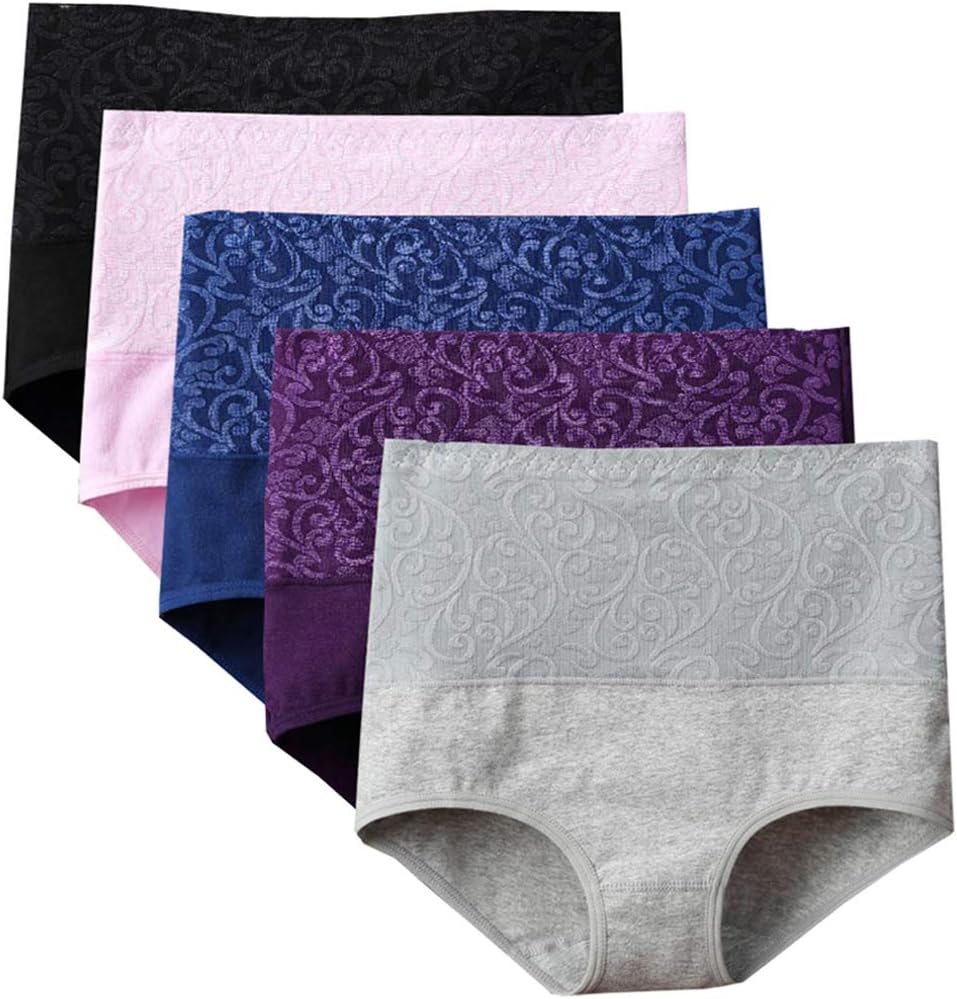 Lashapear Womens High Waist Underwear Solid Color Tummy Control Cotton Brief Panties 3/5 Pack