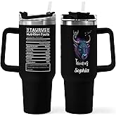 Personalized 40oz Taurus Name Zodiac Sign Nutrition Facts Stainless Steel Insulated Vacuum Tumbler Mug Water Bottle with Handle,3 Lids,Straw,Travel Coffee Constellation Cup,Gift for Women(Lid-01)