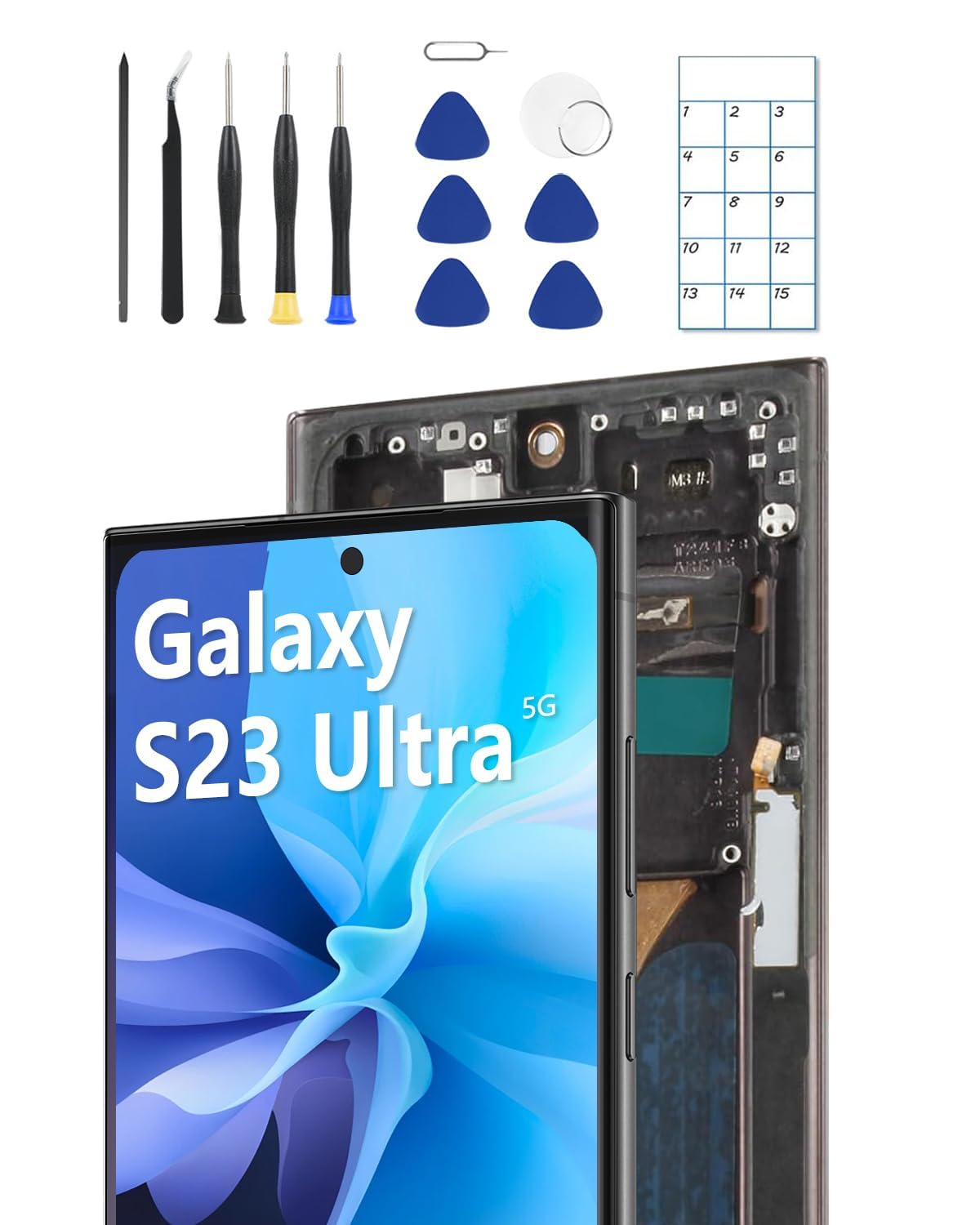 Photo 1 of JQYDZH OLED Screen Replacement for Samsung Galaxy S23 Ultra 5G with Frame & Fingerprint Sensor – Includes Full Tool Kit & Installation Guide (Matte Black)