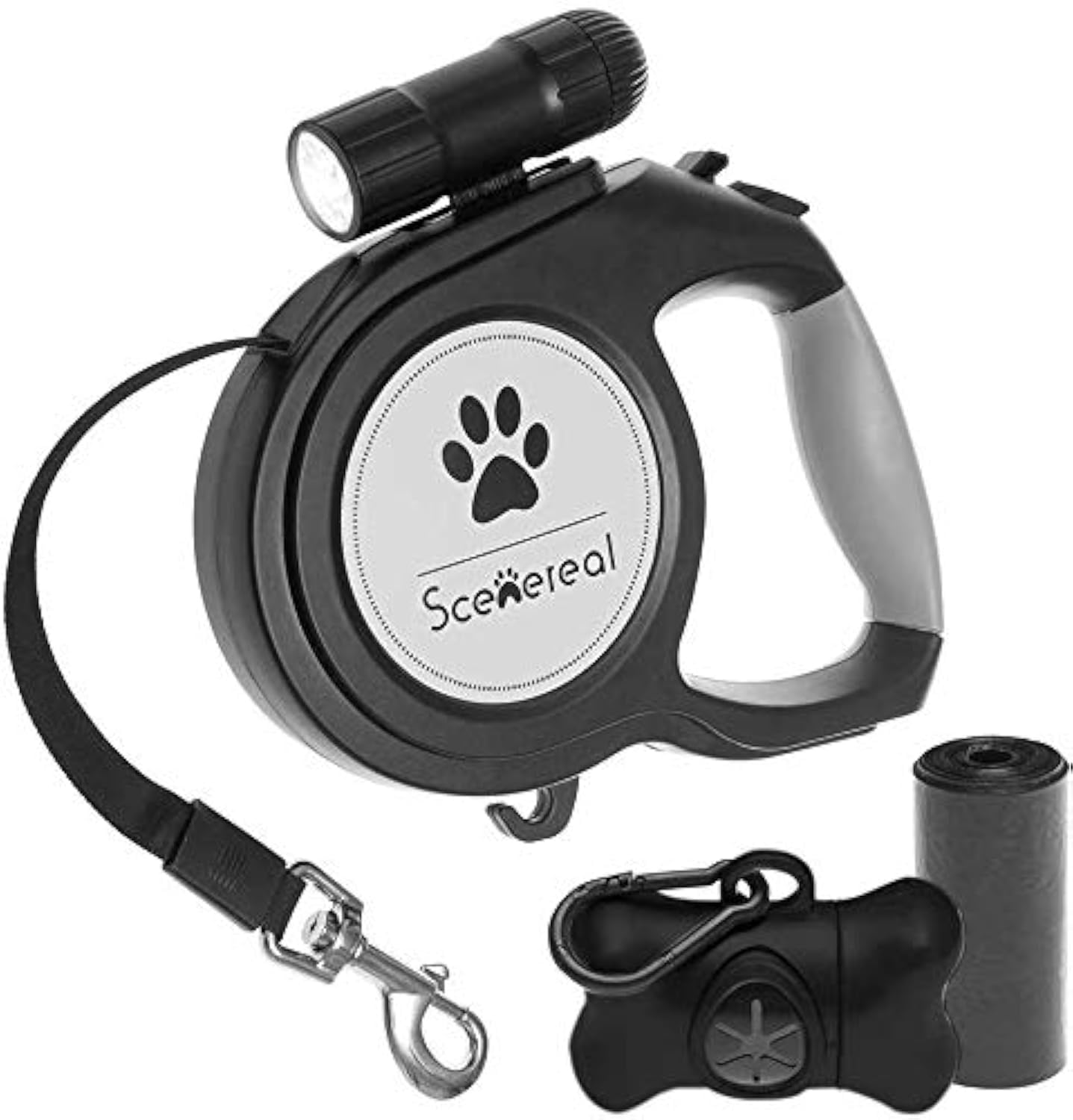 SCENEREAL Heavy Duty Retractable Dog Leash 26 FT with LED Flash Light & Poop Bag Dispenser for up to 110 LB Small Medium Large Dogs Outdoor Walking & Training