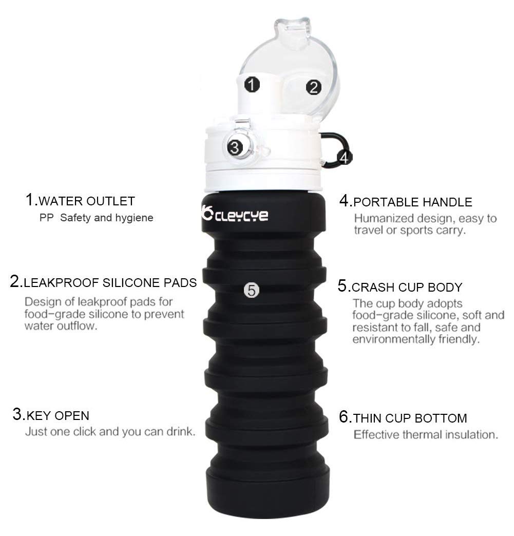 CLEYCYE Collapsible Water Bottle Portable - BPA Free Silicone Foldable Water Bottle for Travel, Sports, Outdoor and Gym, 18 oz Leakproof Lightweight Water Bottle with Carabiner for Kids/Adult, Black
