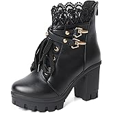 MEOTINA Women Platform Boots Black Chunky Heel Ankle Booties Lace Buckle Combat Boots with Zipper High Heel Goth Shoes