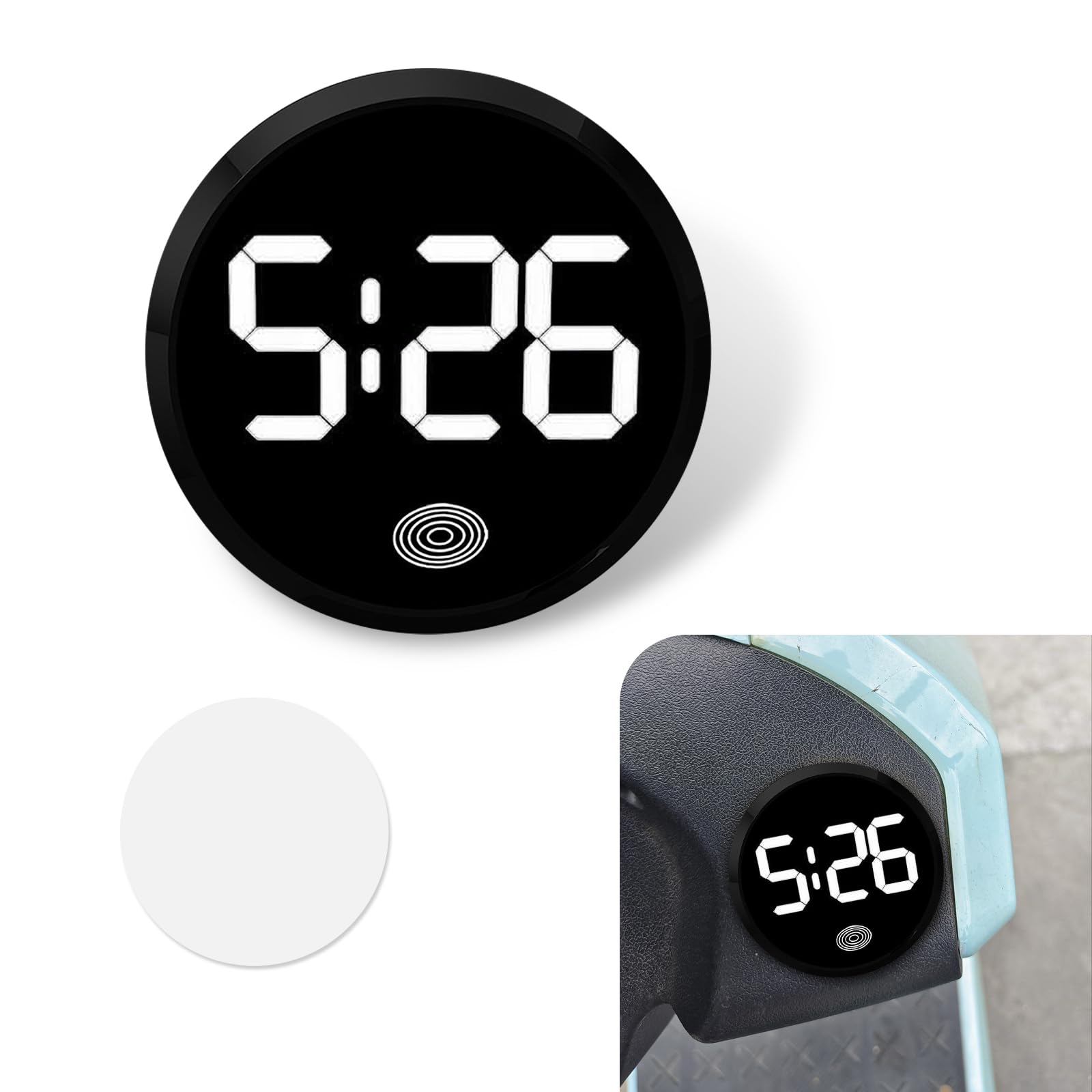 Photo 1 of Shakas Car Digital Dashboard Clock, LED Time Luminous Touch High Definition Clock, Round Self-Adhesive Waterproof Alloy Interior Decoration Accessories, for Most Cars Home Office (White)