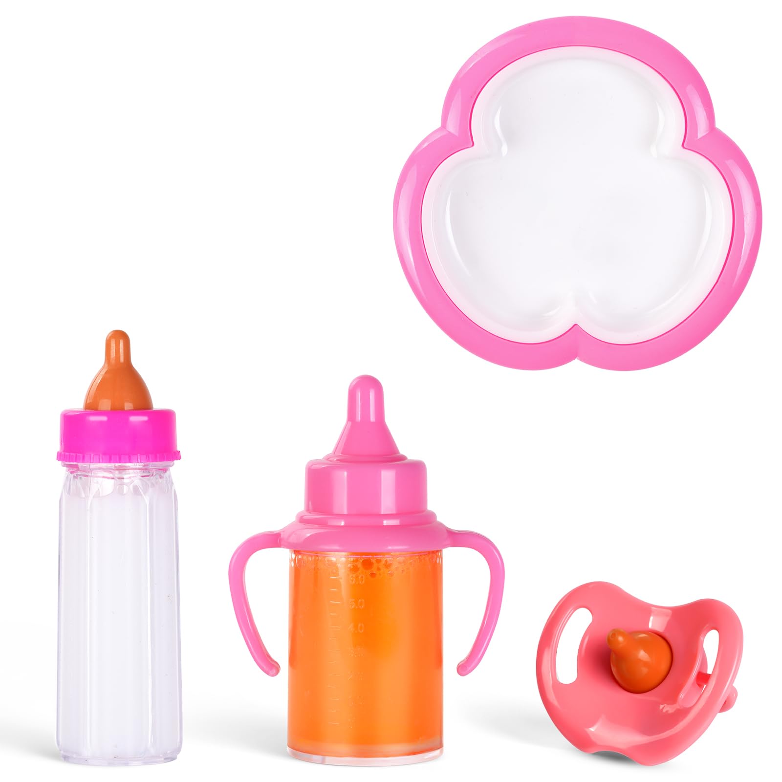 Aolso 4 Pcs Baby Doll Feeding Set, 2 Pcs Magic Milk Bottle and 1 Pcs Dummy, 1 Dinner Plate, Baby Doll Feeding Accessories, Easy for Small Hands, Gift for Boy and Girl — image 1