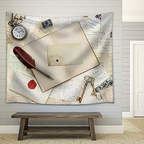 Old Handwritten Letters Postcards. Open Book and Vintage Tools. Romantic Sentimental Paper Background - Fabric Wall Tapestry Home Decor - 51x60 inches