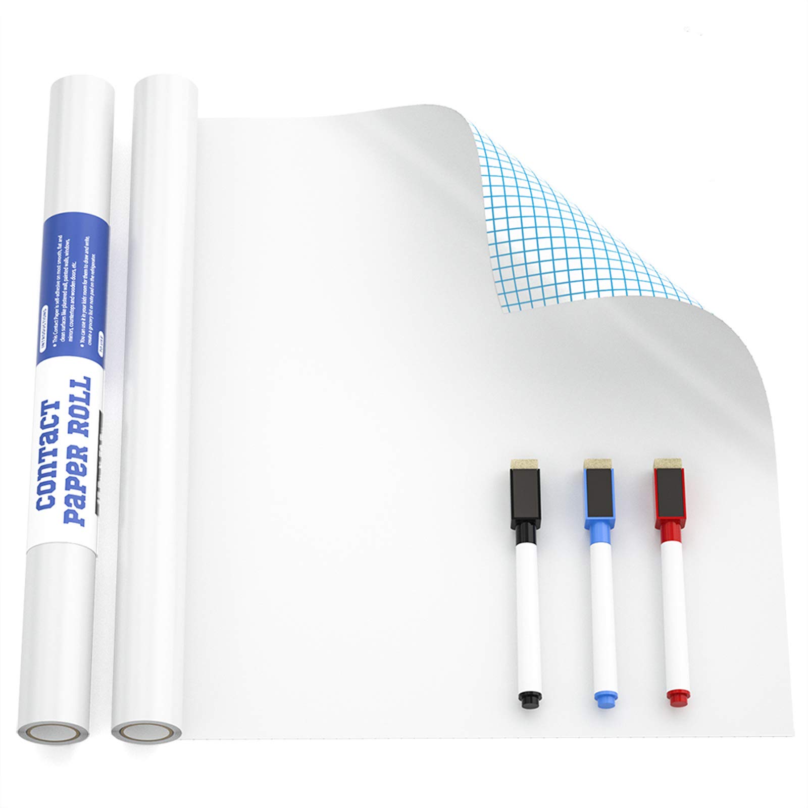 Nicpro Whiteboard Paper Roll, 44 x 200 CM Self-Adhesive Dry Erase White Board Wall Sticker, Board Decal Extra Large Chalkboard Contact Paper with 3 Color Water-Based Pens for Home Office