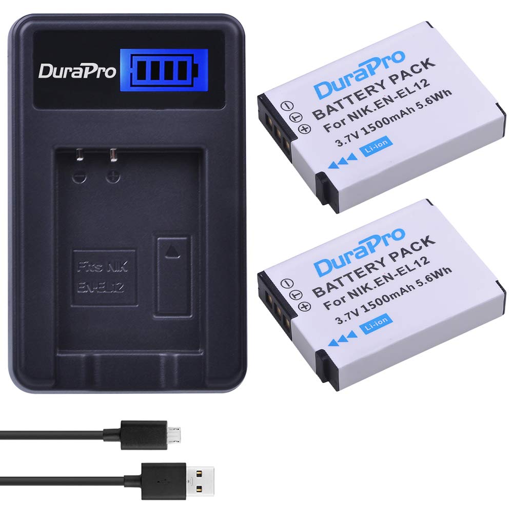 DuraPro 2Pcs 1500mAh EN-EL12 EN EL12 Battery + LCD USB Battery Charger for Nikon Coolpix P300 P310 P330 S630 S640 S800c S1200pj S6000 S6100 S6150 S6200 S8200 S9050 S9400 AW120 AW120s Digital Camera