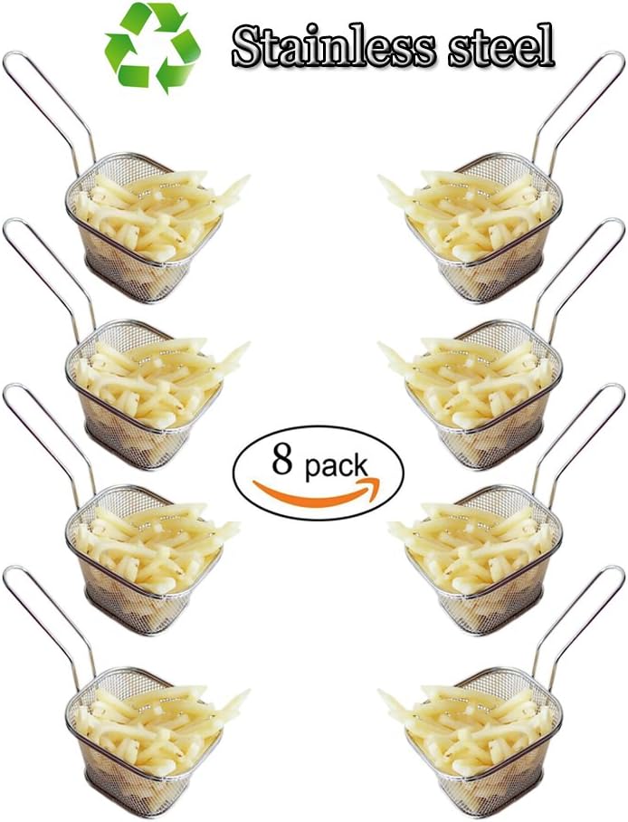 HUAJIAN Fry Basket 8 pcs Mini Square Stainless Steel Fry Basket Present Fried Food, Table Serving Frying Basket .Deep Basket