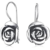 Large Statement 3D Garden Flower Black Rose Bracelet Black Silk Cord Pendant Drop Stud Earrings For Women Girlfriend Oxidized .925 Sterling Silver