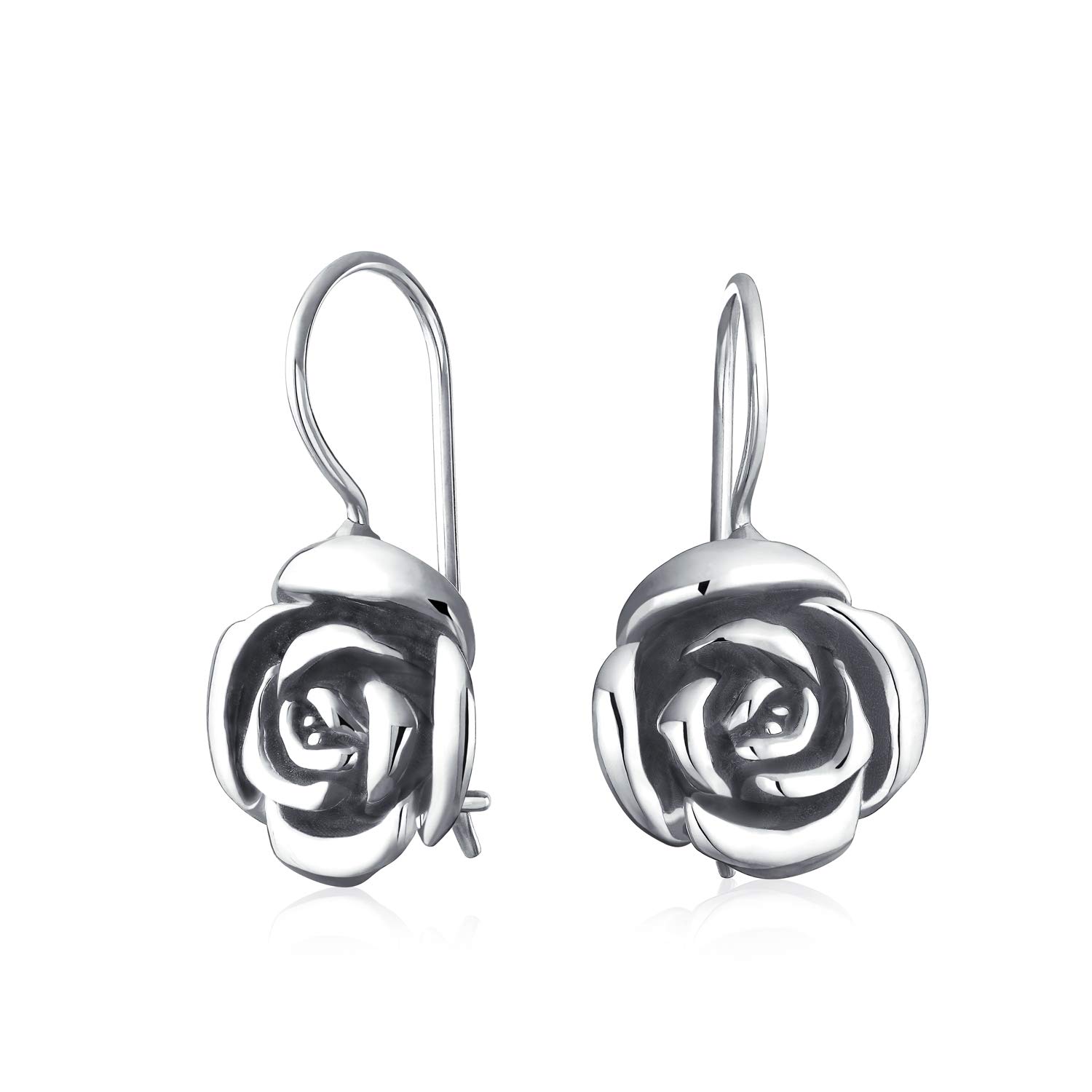 Rose Flower Drop Earrings French Wire For Women Black Antiqued Oxidized .925 Sterling Silver — image 1