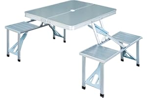 Outsunny Folding Picnic Table with Umbrella Hole, Aluminum Suitcase Portable Outdoor Table with Bench, Patio, Porch or Camping Table and Chair Set, Silver