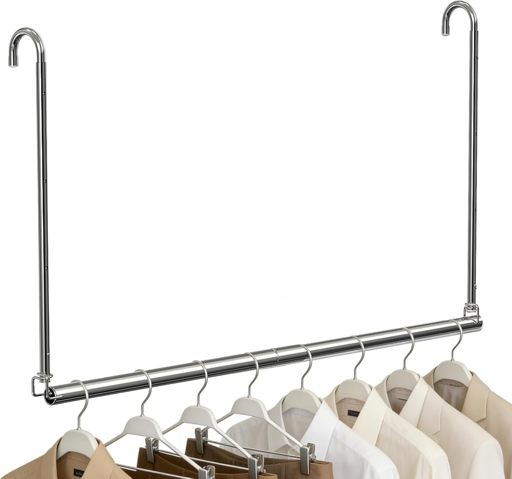 Hanging Closet Rod, Adjustable Height &amp; Width Closet Rods for Hang ing Clothes-Closet Extender Rod Space-Maximizing Design Su