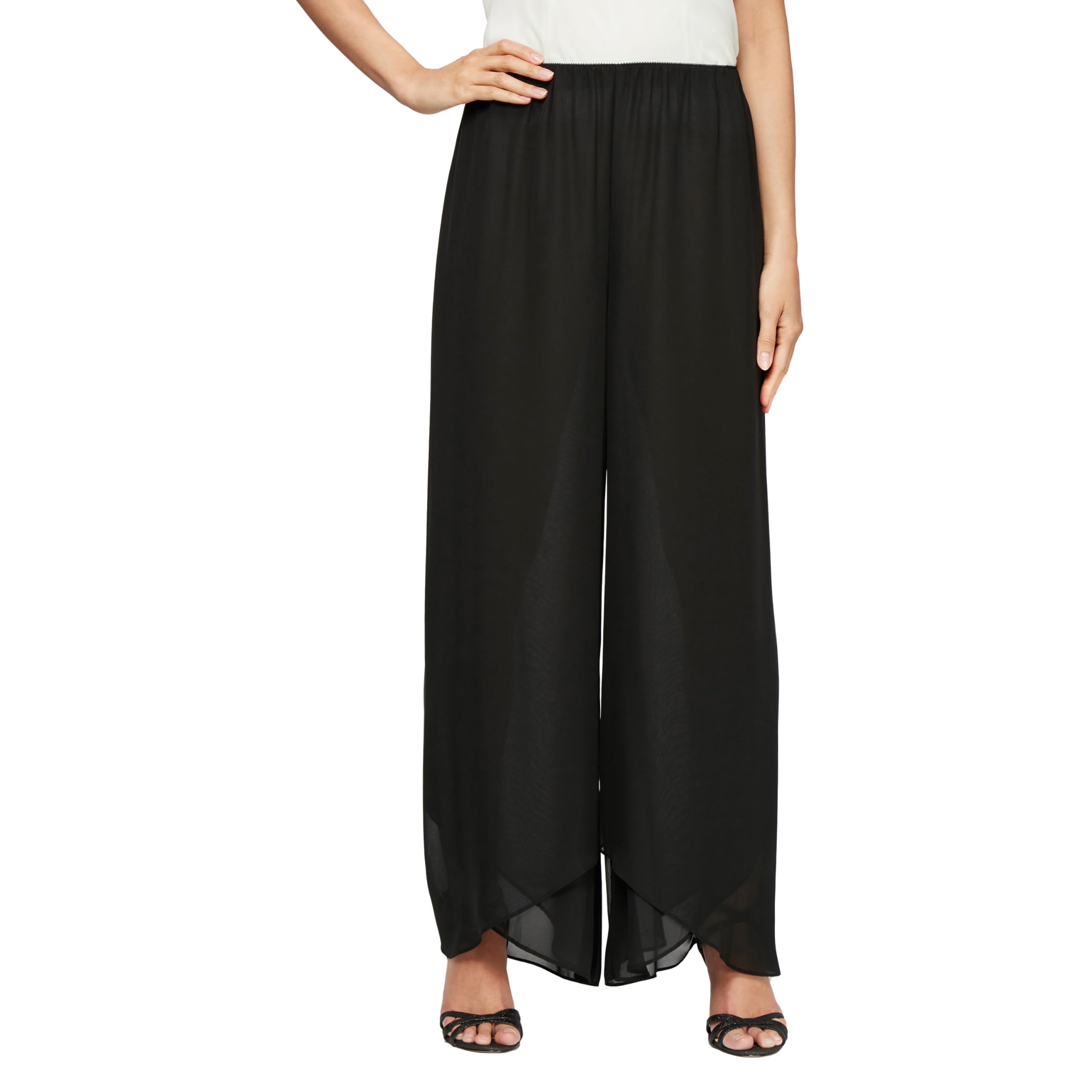 Alex Evenings Women’s Wide Leg Chiffon Dress Pant for Mother of the Bride, Elegant Party Outfit (Petite and Regular Sizes), Black Chiffon Tulip Hem, X-Large