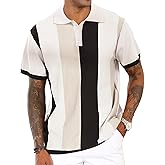 Men's Casual Polo Shirts Vintage Striped Knitting Button Down Shirts Golf Collared Shirts
