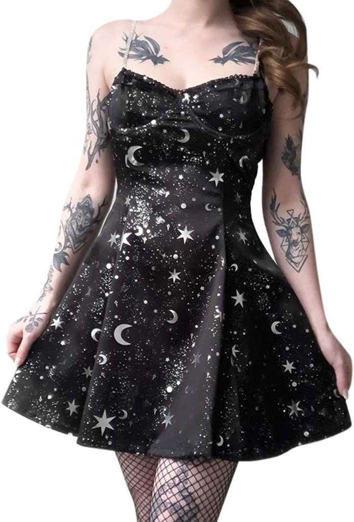 Mikilon Womens Gothic Vintage Pentagram and Moon Print Strap Pleated Mini Dress
