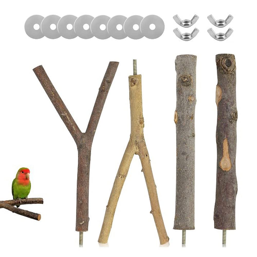 4 Pieces Perches for Bird Cages, Natural Perches for Birds, Cage Wood Accessories, Bird Perch Stand Set, Parakeet Nature Wood Stand, with 8 Washers and 4 Butterfly Screws, for Parrots, Birds