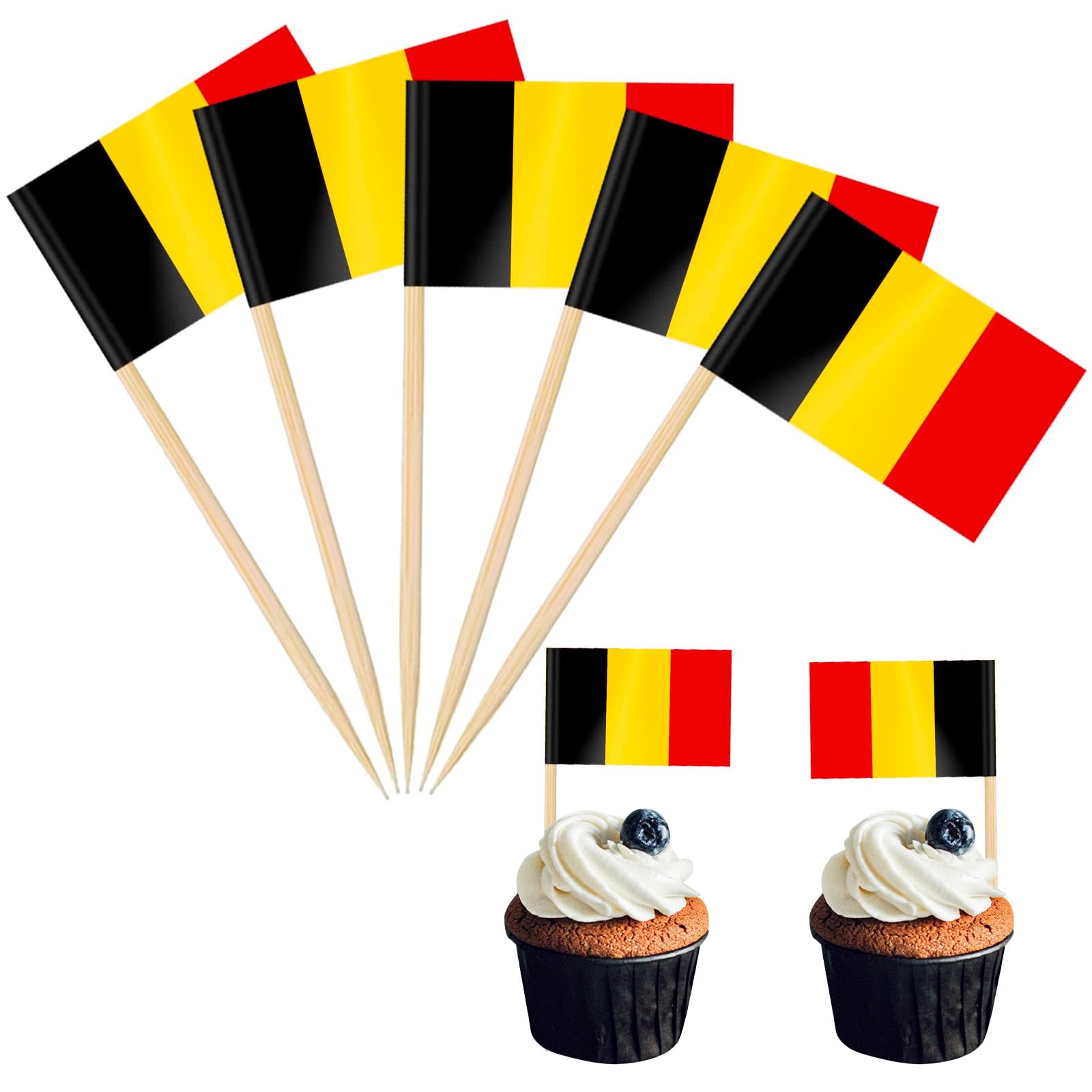 100Pcs Mini Belgium Flag Toothpicks Cupcake Toppers,Belgium Flags Cocktail Sticks Wooden Cake Toppers Sandwich Decorations for Eurovision Party,Euros Football Game,Olympics 2024 Decorations