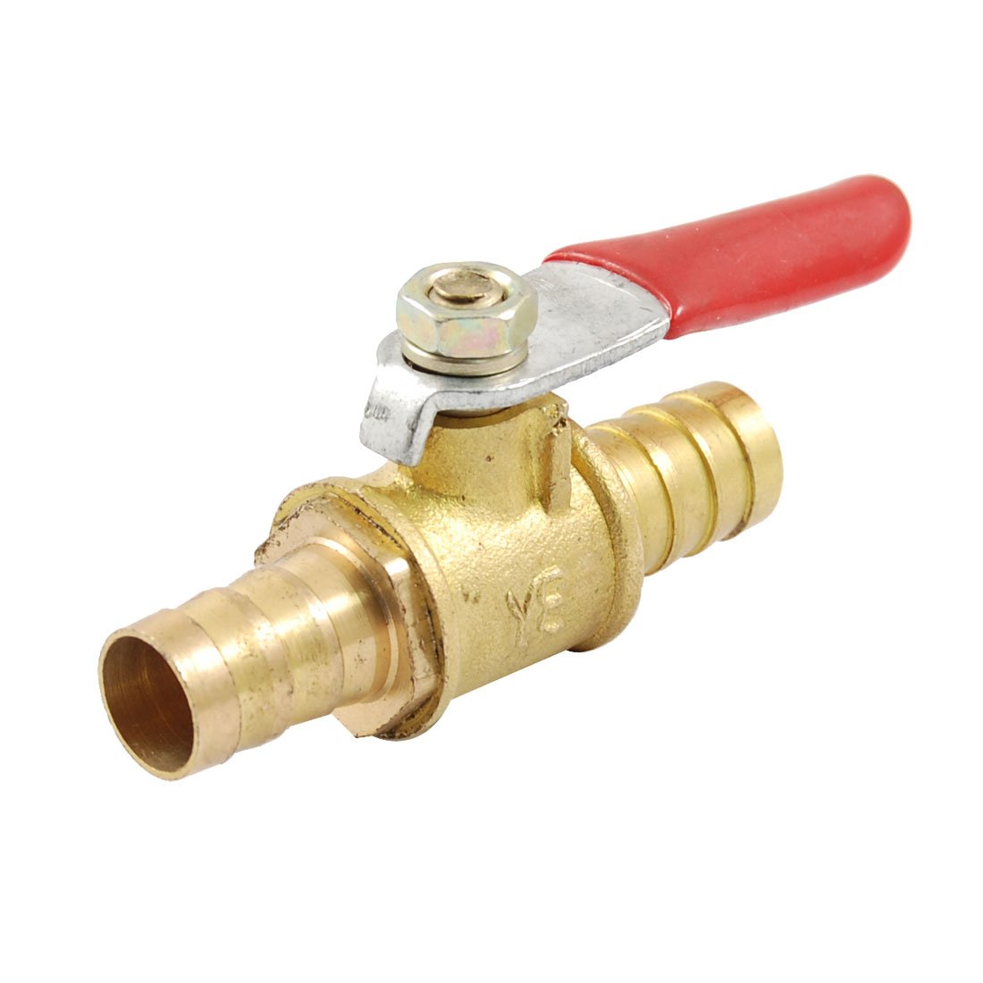 Sourcingmap Ball Valve Shut-Off Valve, 10mm Hose Barb to 10mm Hose Barb, Hose Pipe Tube Fittings, 90 Degree Operation Handle, Brass Valve, Pack of 1