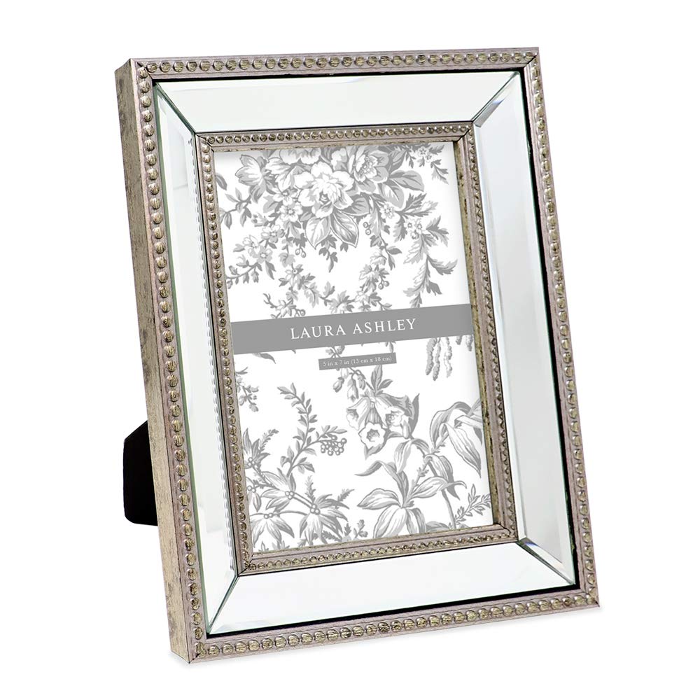 Laura Ashley 5x7 Champagne Mirror Bead Picture Frame, Classic Mirrored Frame with Beaded Border, Wall-Mountable, Made for Tabletop Display, Photo Gallery and Wall Art, (5x7, Champagne)