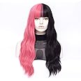 MORTICIA Long Loose Wavy Half Pink and Half Black Full Bang Wig