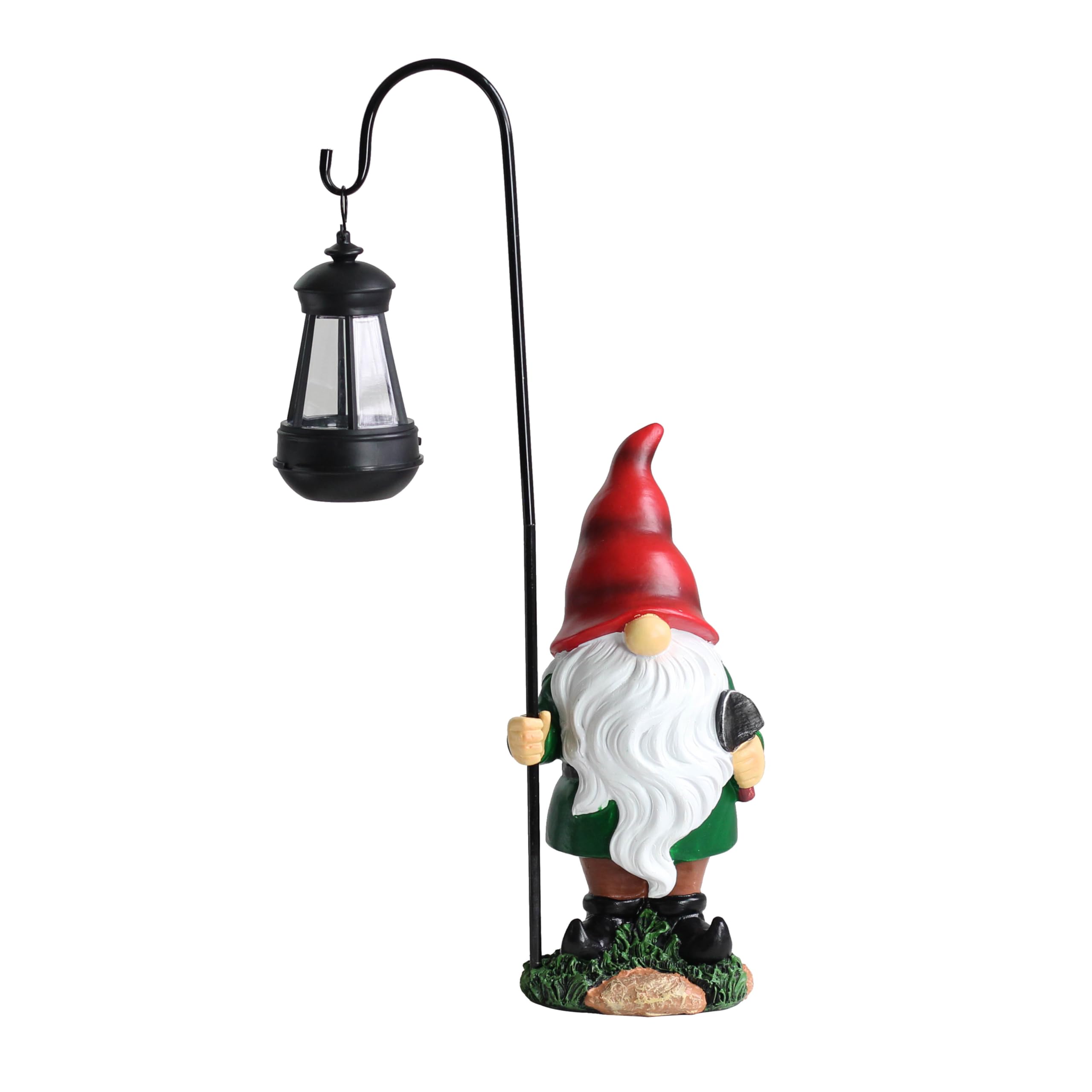 Super Happy Traditional Garden Gnome Large 30cm Solar Powered LED Outdoor Garden Ornament for Garden, Lawn or Patio Red and Green with Lantern Garden Statue