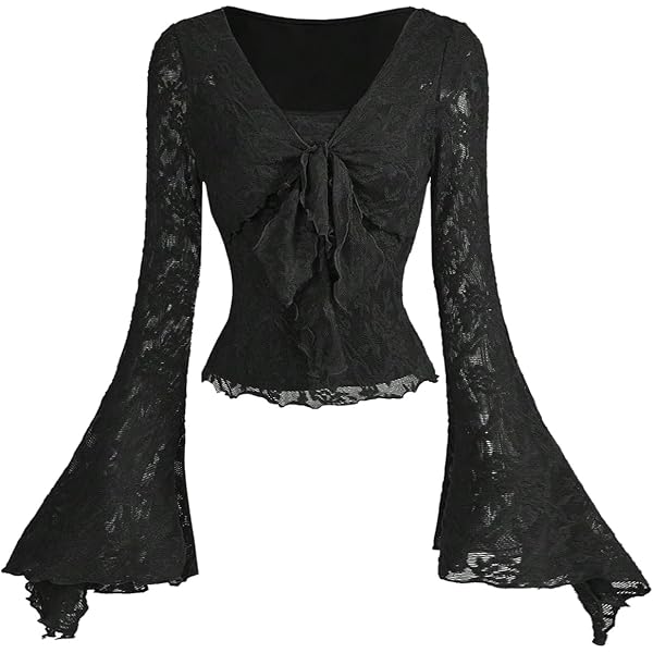 Insdark Goth Top T Shirt Women Punk Long Sleeve Square Neck Lace