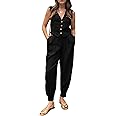 PRETTYGARDEN Women's Summer Two Piece Outfits V Neck Button Front Cropped Tank Tops Vest Pockets Pants Cotton Matching Sets