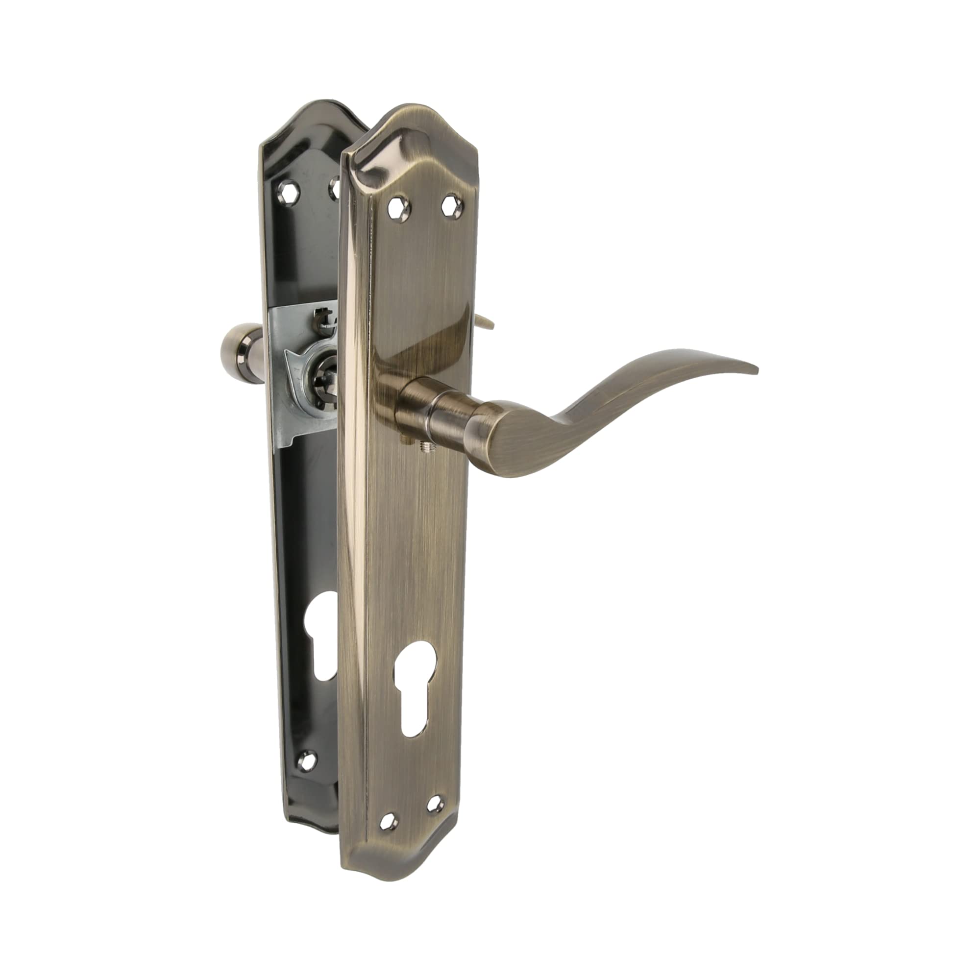 Amig - Set of Brass Plate Handles Finished in Leather Colour with Keyhole Suitable for Interior and Exterior Passage Doors with Crank Comfortable, Elegant and Timeless - 256 x 48 mm